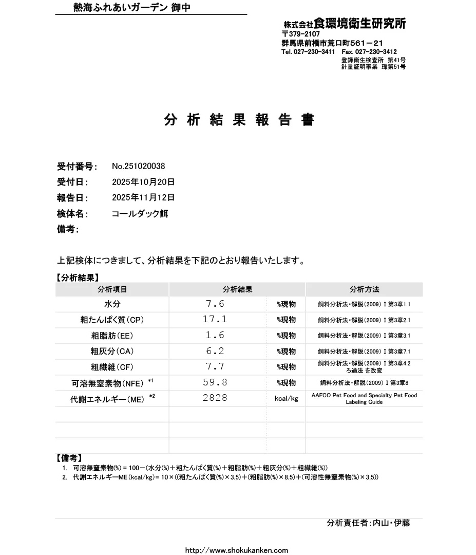飼料分析結果報告書